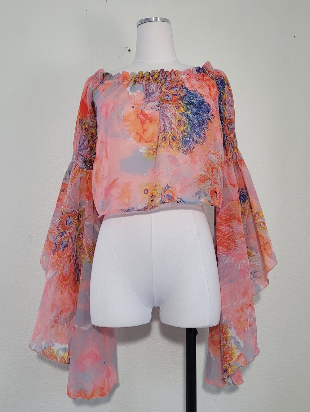 TRUTH Boho Peach Peplum Off-Shoulder Floral Chiffon Bell Sleeves Top Size Small